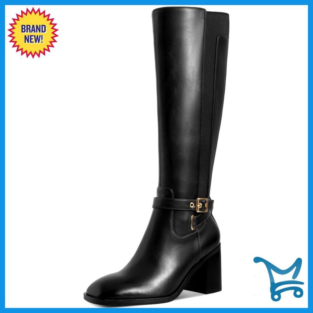 Faux Leather Knee High Boots Chunky Heel Square Toe Side Zipper